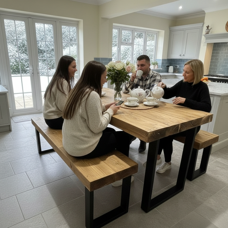 Artisan Reclaimed Wood Dining Table & Bench Set with Industrial Steel Trapezium Legs....