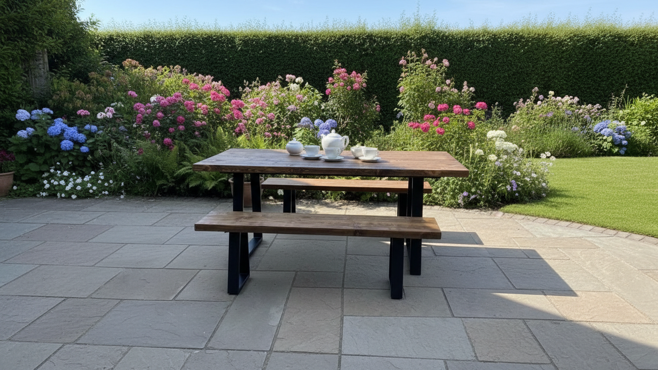 Garden setting with a wooden picnic table and benches on a paved patio, surrounded by flowers and greenery.