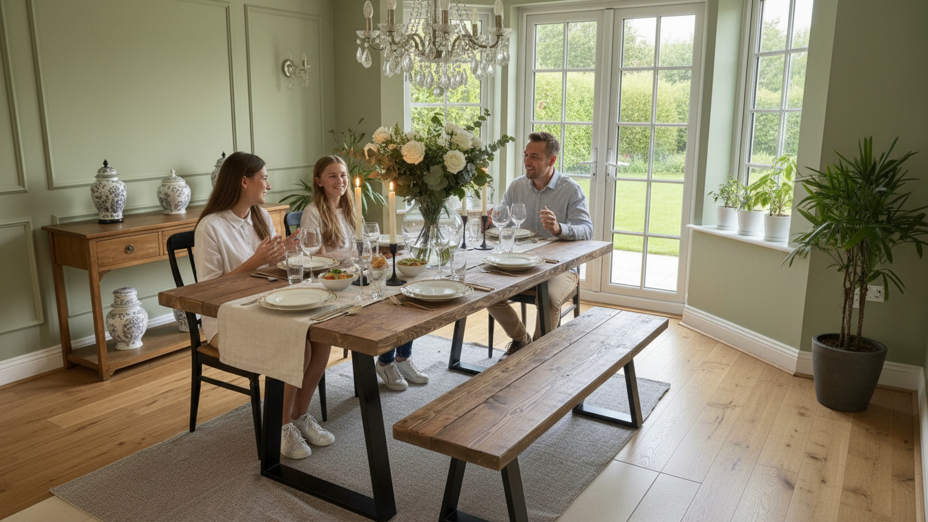Rustic Reclaimed Wood Dining Table & Bench Set with Steel Trapezium Legs
