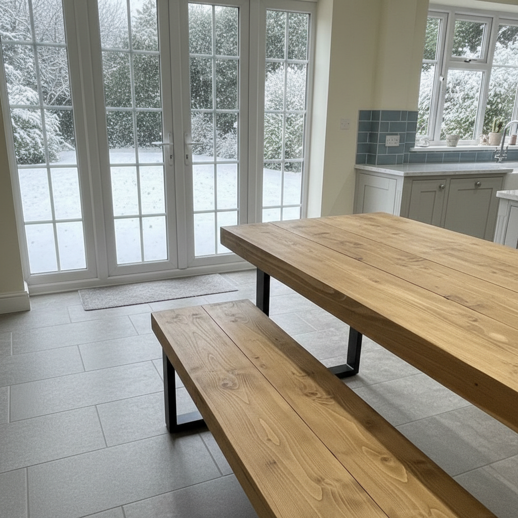 Artisan Reclaimed Wood Dining Table & Bench Set with Industrial Steel Trapezium Legs....