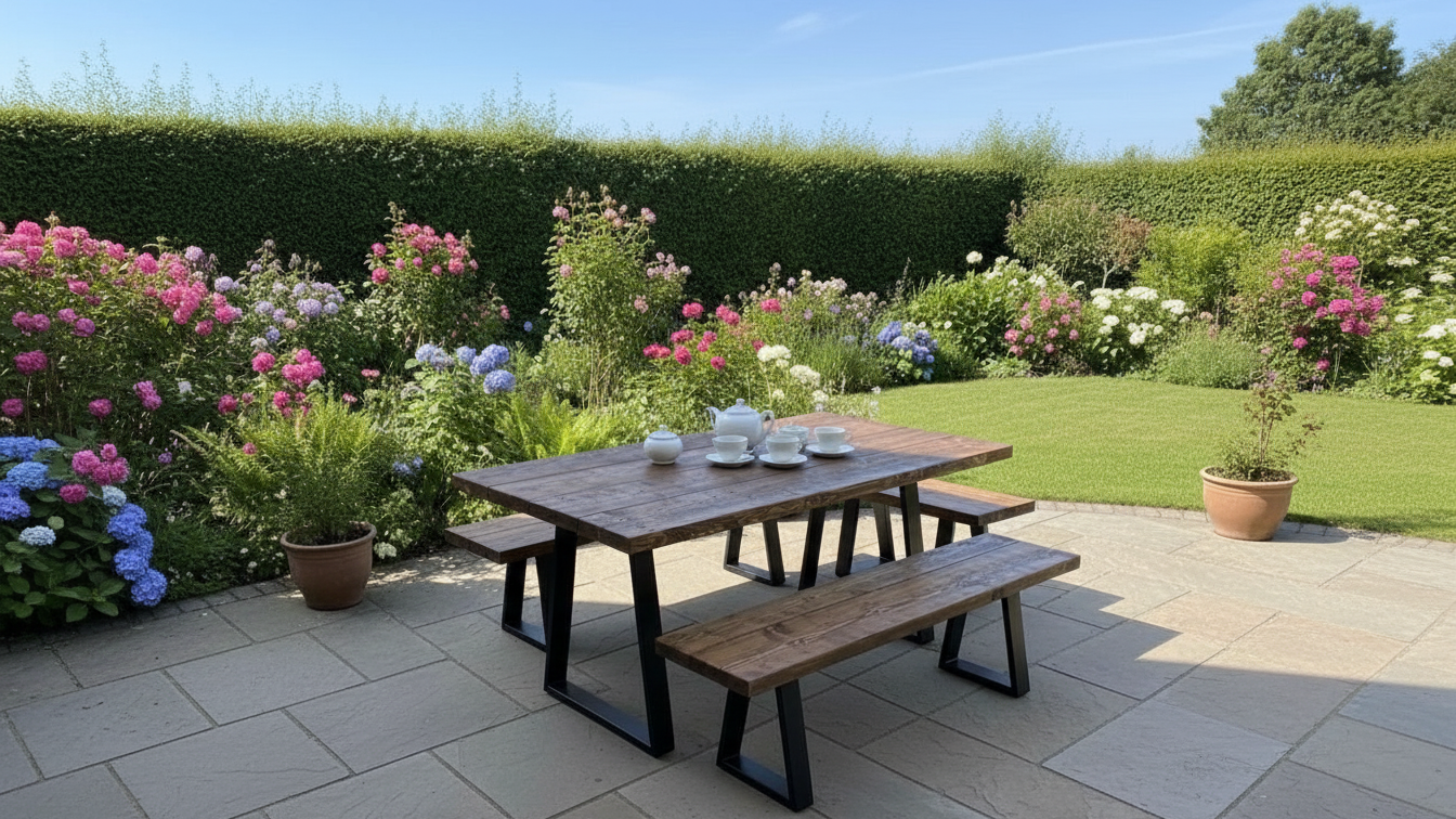 Rustic Scaffold Board Garden Dining Table & Bench Set – Industrial Reclaimed Wood with Black Steel Trapezium Legs