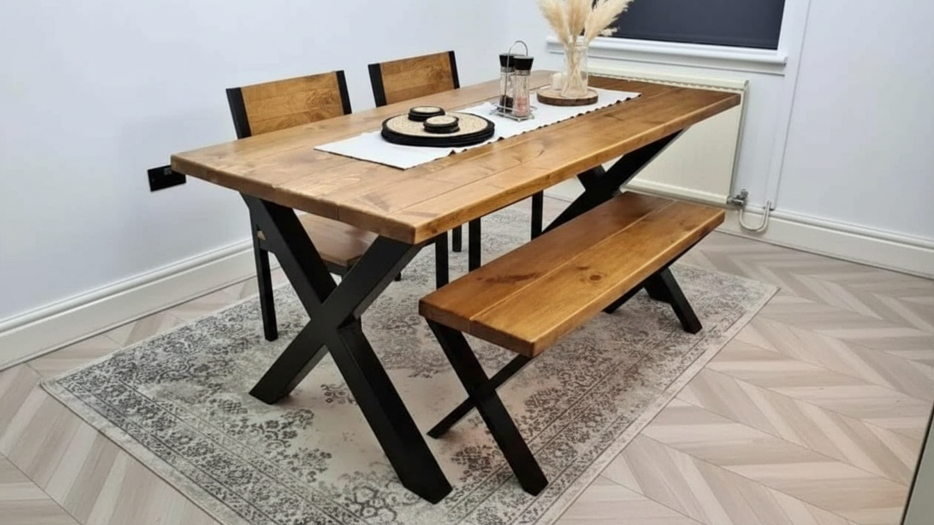 Rustic Scaffold Board Dining Table & Bench Set Black Metal X-Legs | Industrial Reclaimed Wood
