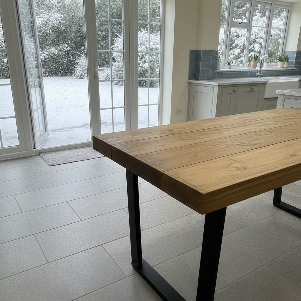 Artisan Reclaimed Wood Dining Table & Bench Set with Industrial Steel Trapezium Legs....