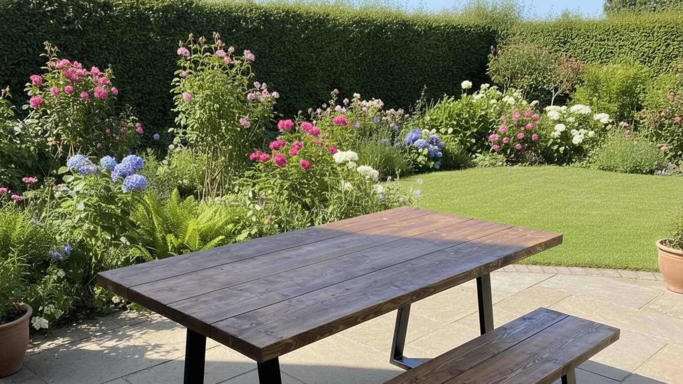 Rustic Scaffold Board Garden Dining Table & Bench Set – Industrial Reclaimed Wood with Black Steel Trapezium Legs