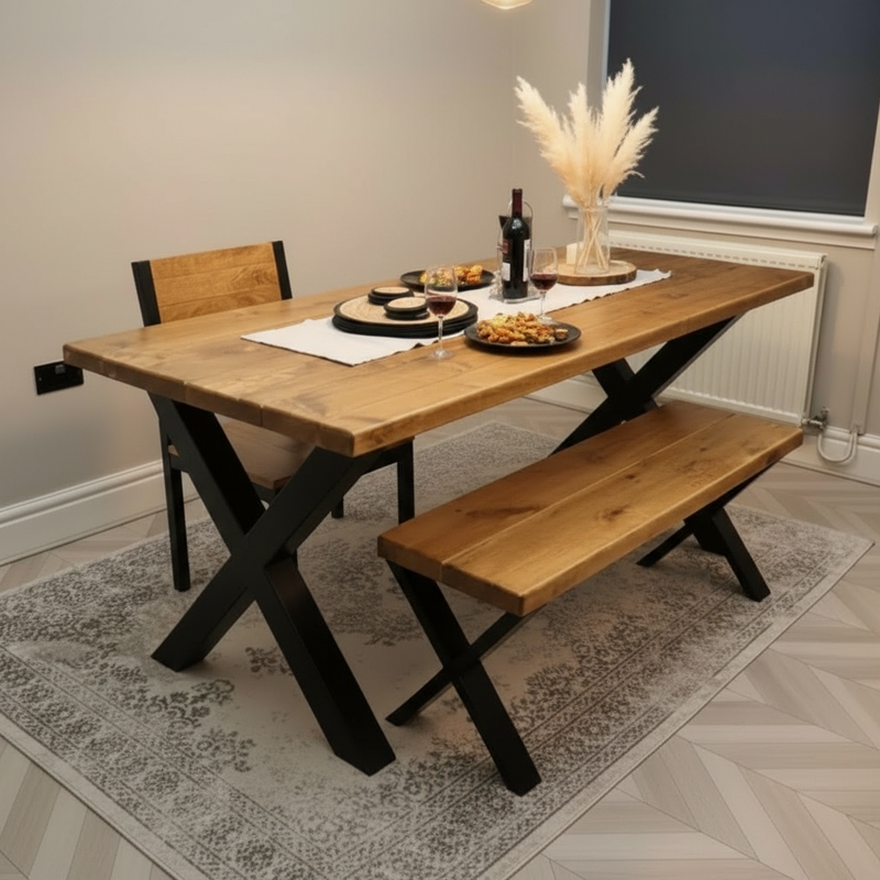 Rustic Scaffold Board Dining Table & Bench Set Black Metal X-Legs | Industrial Reclaimed Wood
