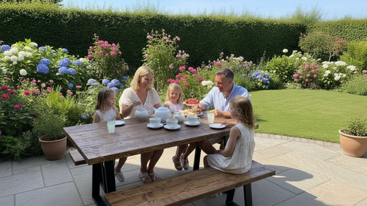 Family of four sitting at a wooden table in a garden with flowers and greenery.
