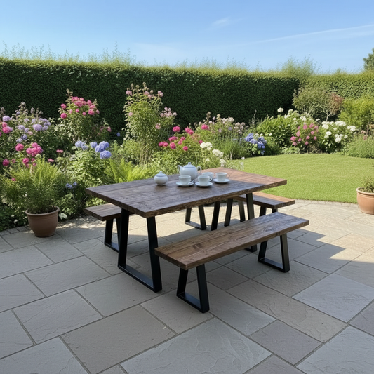 Rustic Scaffold Board Garden Dining Table & Bench Set – Industrial Reclaimed Wood with Black Steel Trapezium Legs