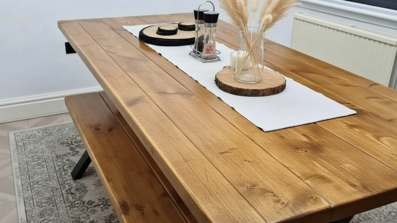 Rustic Scaffold Board Dining Table & Bench Set Black Metal X-Legs | Industrial Reclaimed Wood