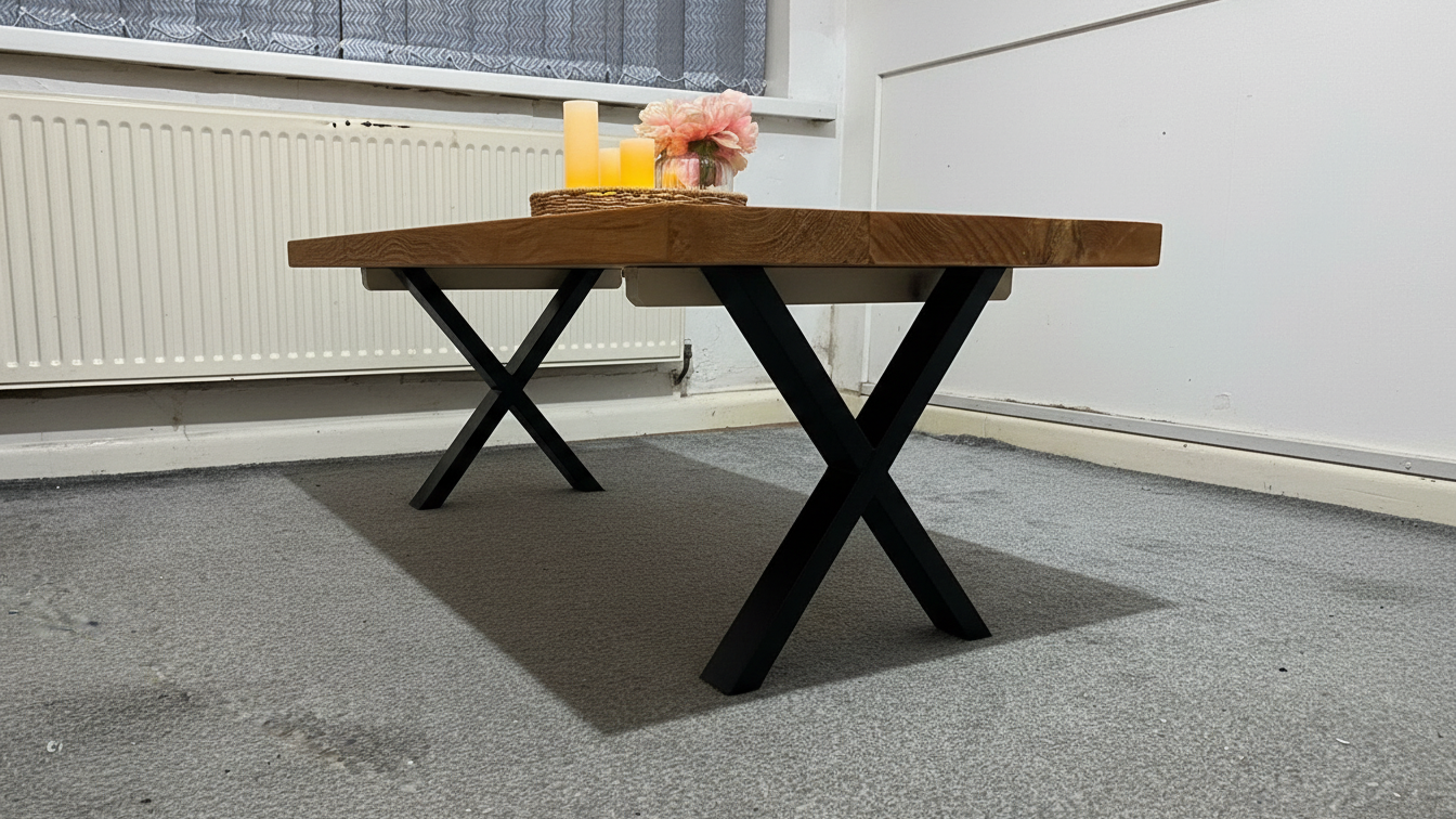 Industrial Scaffold Board Coffee Table on Steel X-Legs Handcrafted Wooden Furniture