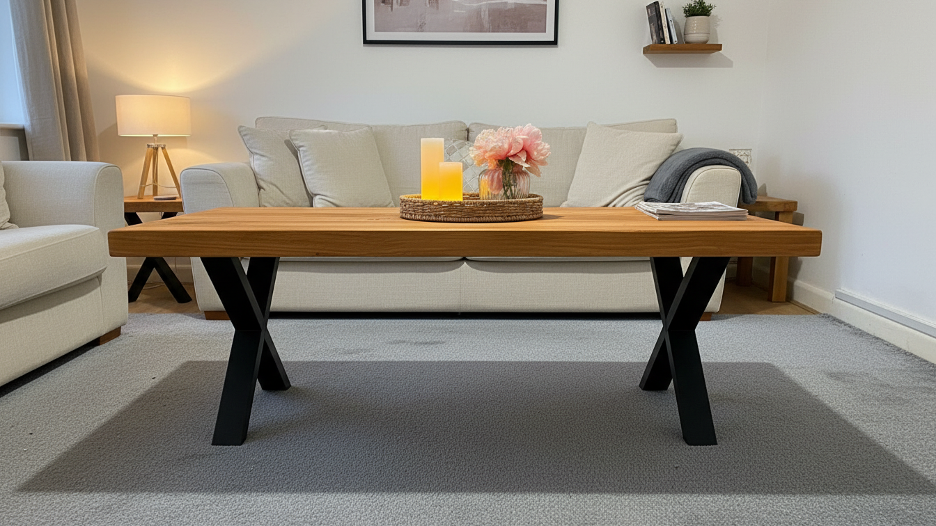 Industrial Scaffold Board Coffee Table on Steel X-Legs Handcrafted Wooden Furniture