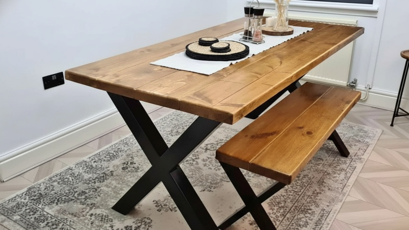 Rustic Scaffold Board Dining Table & Bench Set Black Metal X-Legs | Industrial Reclaimed Wood
