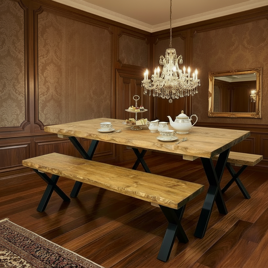 Handcrafted Rustic Industrial Dining Table Set – Live-Edge Solid Wood Design