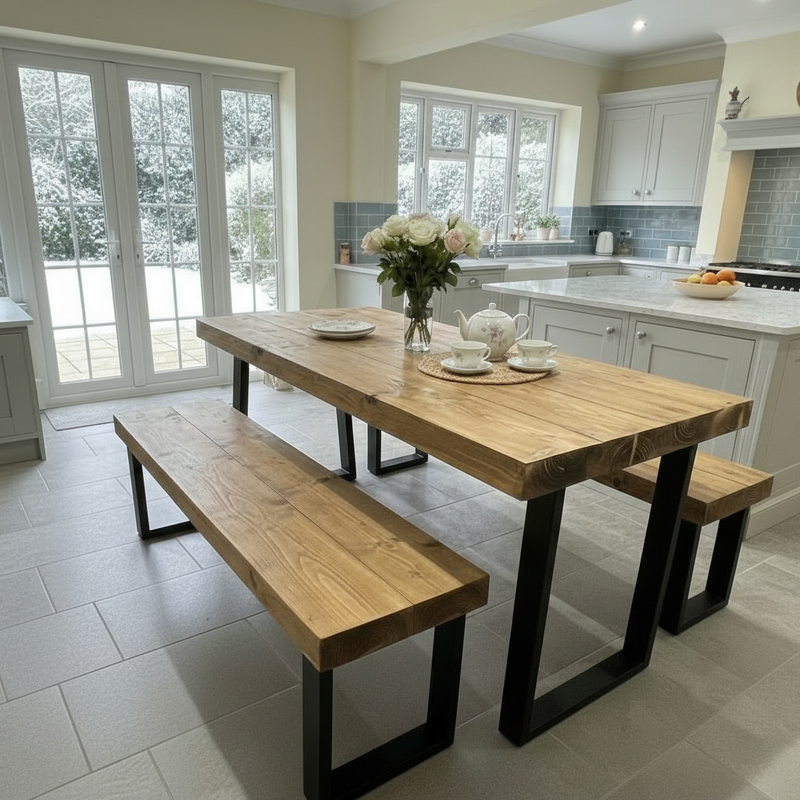 Artisan Reclaimed Wood Dining Table & Bench Set with Industrial Steel Square Legs....