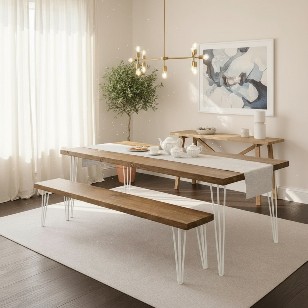 Dining room with wooden table, benches, and abstract art on the wall.