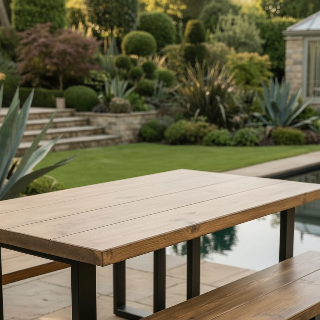 Handmade Rustic Scaffold Board Dining Table & Bench Set – Reclaimed Wood Industrial Table with Black Metal Legs