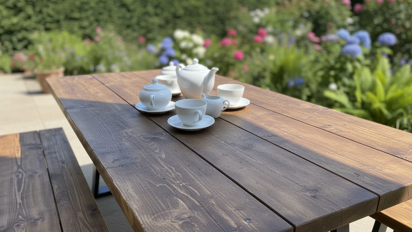 Rustic Scaffold Board Garden Dining Table & Bench Set – Industrial Reclaimed Wood with Black Steel Trapezium Legs