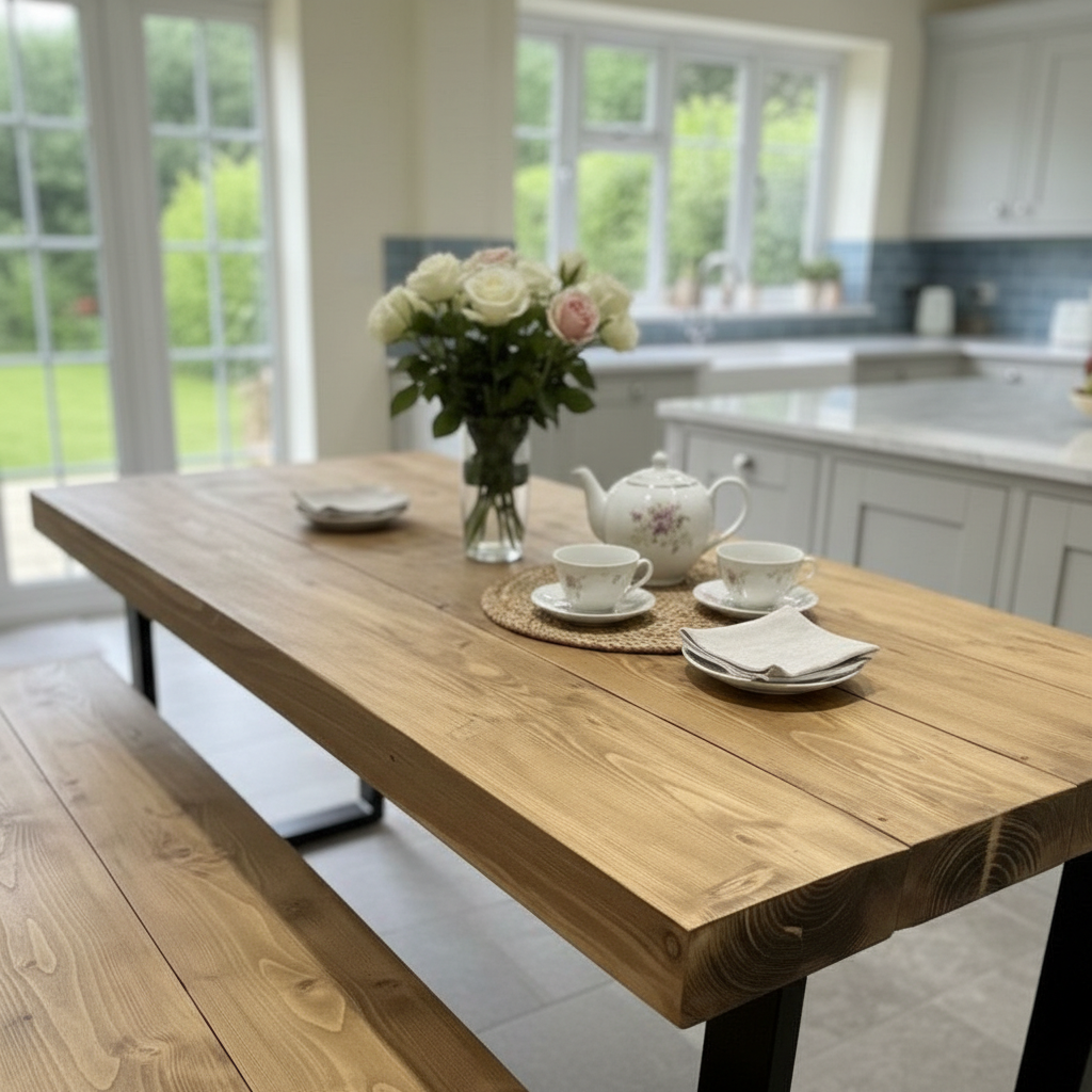 Artisan Reclaimed Wood Dining Table & Bench Set with Industrial Steel Trapezium Legs....