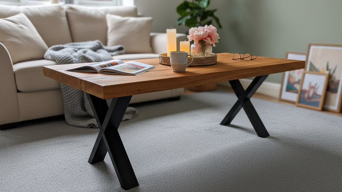 Industrial Scaffold Board Coffee Table on Steel X-Legs Handcrafted Wooden Furniture