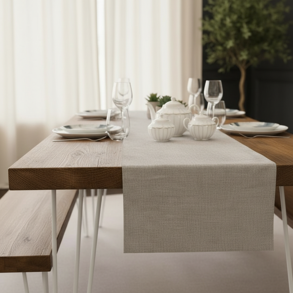 Dining table set with plates, glasses, and a beige runner in a bright room.