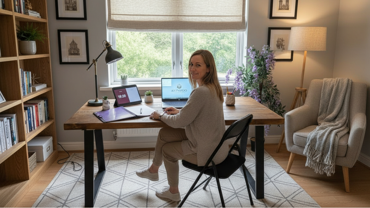 Woman working at a desk in a home office with multiple computer screens.