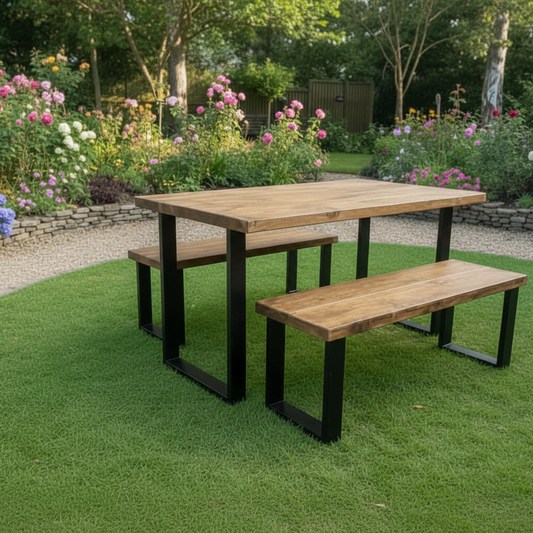 Rustic Scaffold Board Dining Table & Bench Set Industrial Reclaimed Wood with Black Square Metal Legs