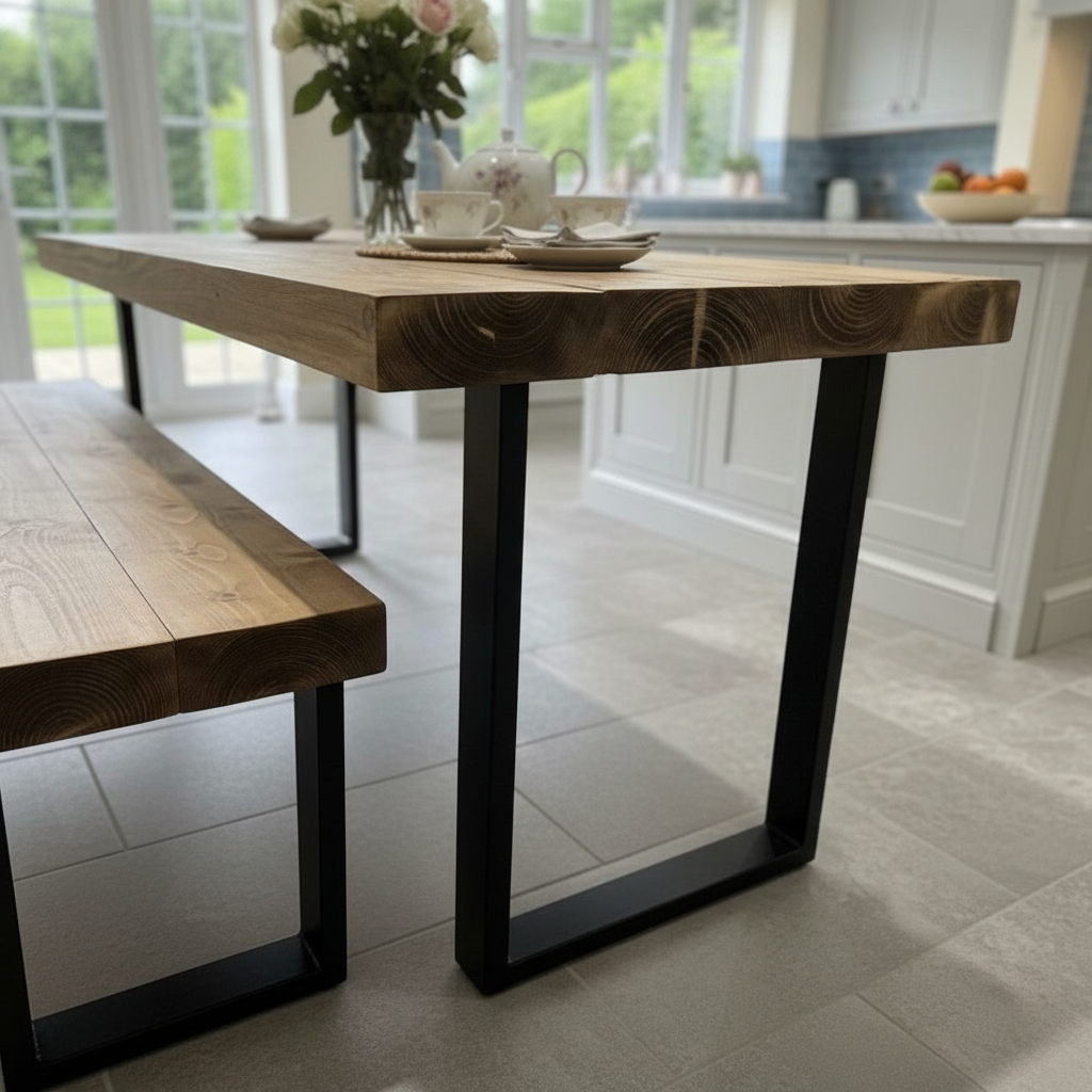 Artisan Reclaimed Wood Dining Table & Bench Set with Industrial Steel Trapezium Legs....