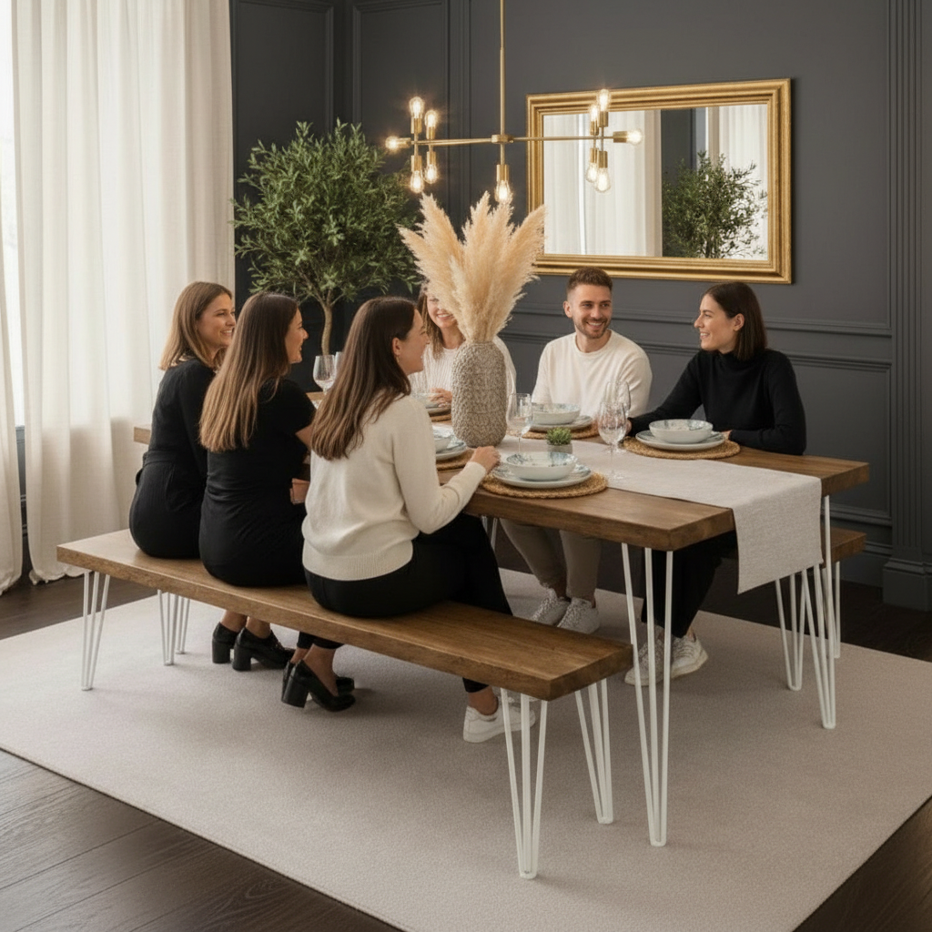 Group of people sitting around a wooden dining table in a modern living room.