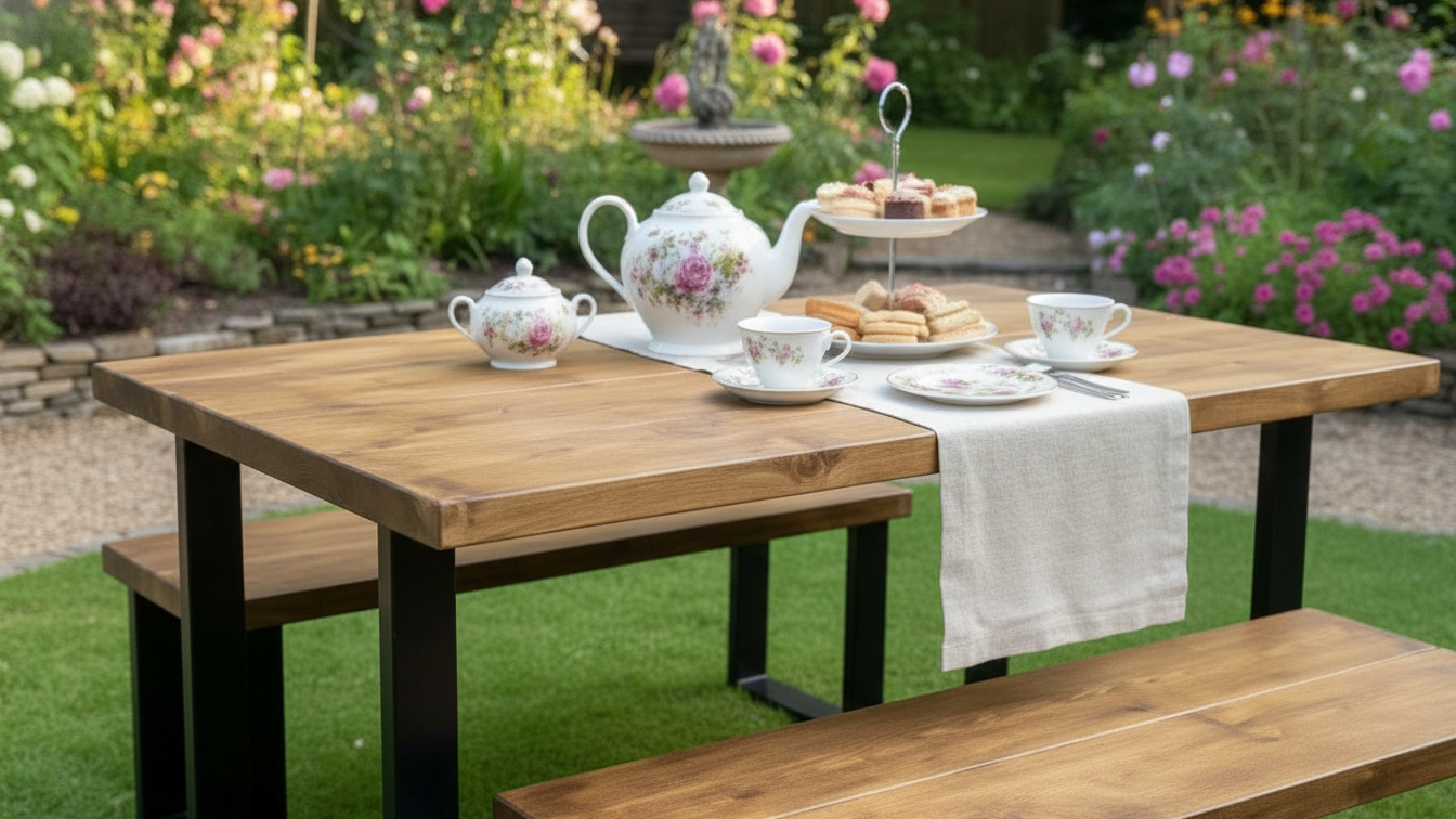 Rustic Scaffold Board Dining Table & Bench Set Industrial Reclaimed Wood with Black Square Metal Legs