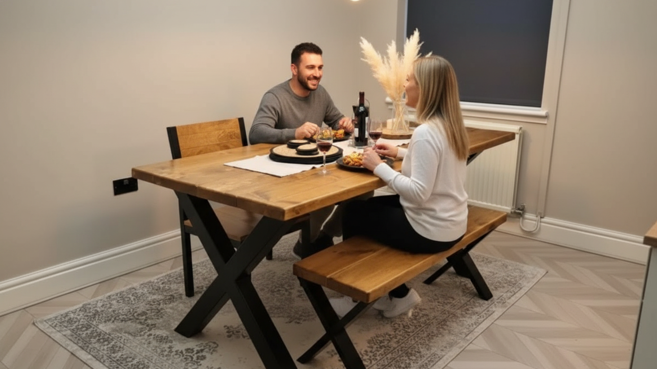 Man and woman sitting at a wooden dining table with a cake, in a home setting.