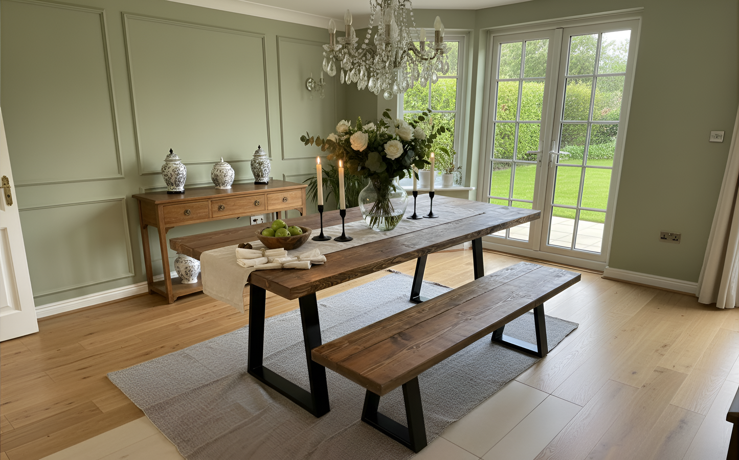 Rustic Reclaimed Wood Dining Table & Bench Set with Steel Trapezium Legs