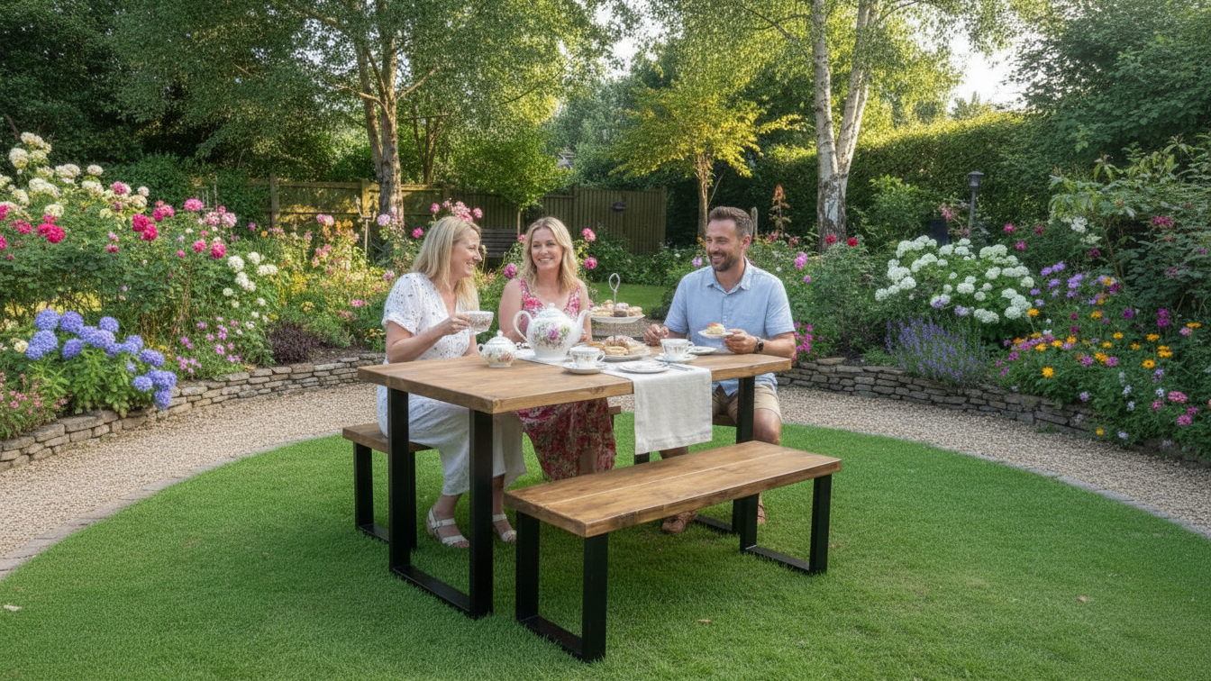 Rustic Scaffold Board Dining Table & Bench Set Industrial Reclaimed Wood with Black Square Metal Legs