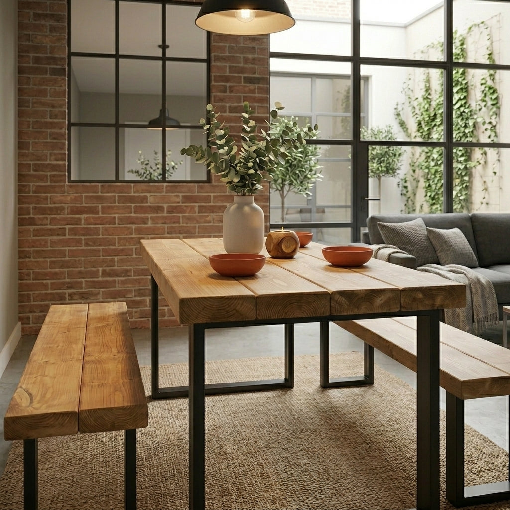 Rustic Scaffold Board Dining Table & Bench Set – Industrial Reclaimed Wood with Steel Legs