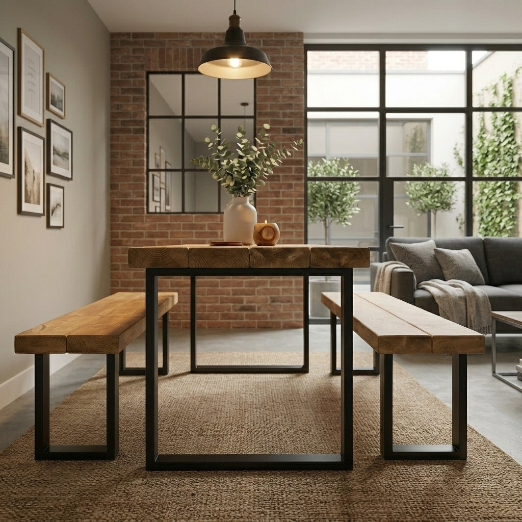 Rustic Scaffold Board Dining Table & Bench Set – Industrial Reclaimed Wood with Steel Legs
