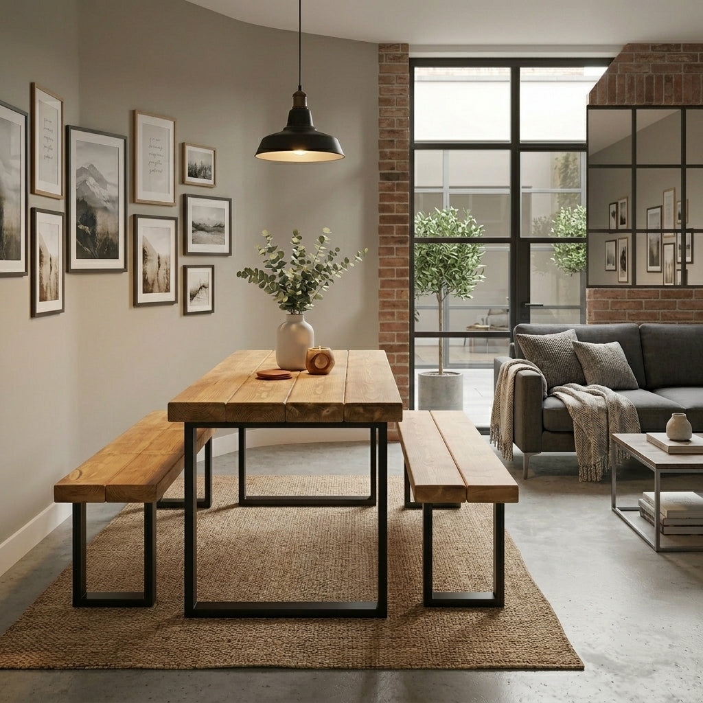 Rustic Scaffold Board Dining Table & Bench Set – Industrial Reclaimed Wood with Steel Legs