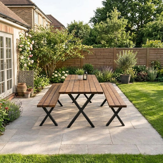 Luxury Industrial Garden Dining Set – Waterproof Solid Wood Table & Bench Set